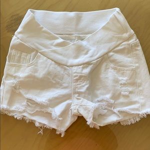 White distressed maternity shorts